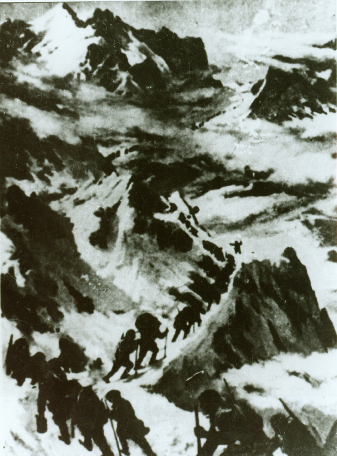↑資料圖片：紅軍過打鼓山。（圖片由陸軍第16集團軍某紅軍團提供）