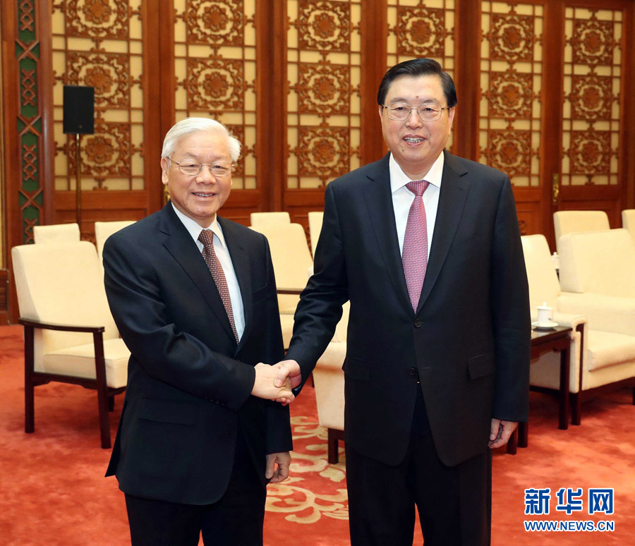 1月13日，中共中央政治局常委、全國人大常委會委員長張德江在北京人民大會堂會見越共中央總書記阮富仲。 新華社記者 劉衛(wèi)兵 攝