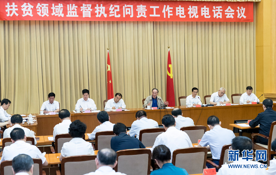 7月3日，中共中央政治局常委、中央紀委書記王岐山在北京出席扶貧領域監(jiān)督執(zhí)紀問責工作電視電話會并講話。 新華社記者丁海濤攝