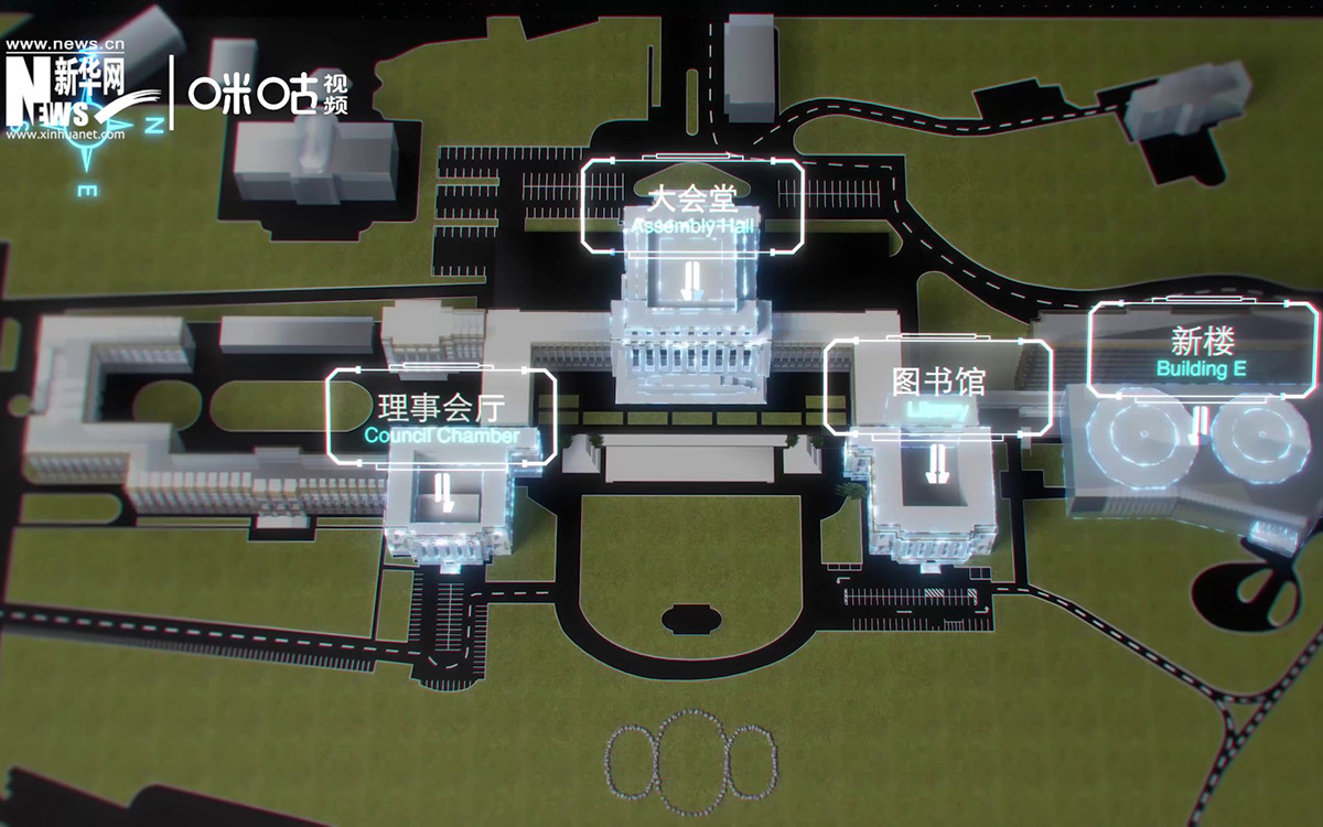 萬(wàn)國(guó)宮整個(gè)建筑群呈“品”字形，擁有34間會(huì)議廳