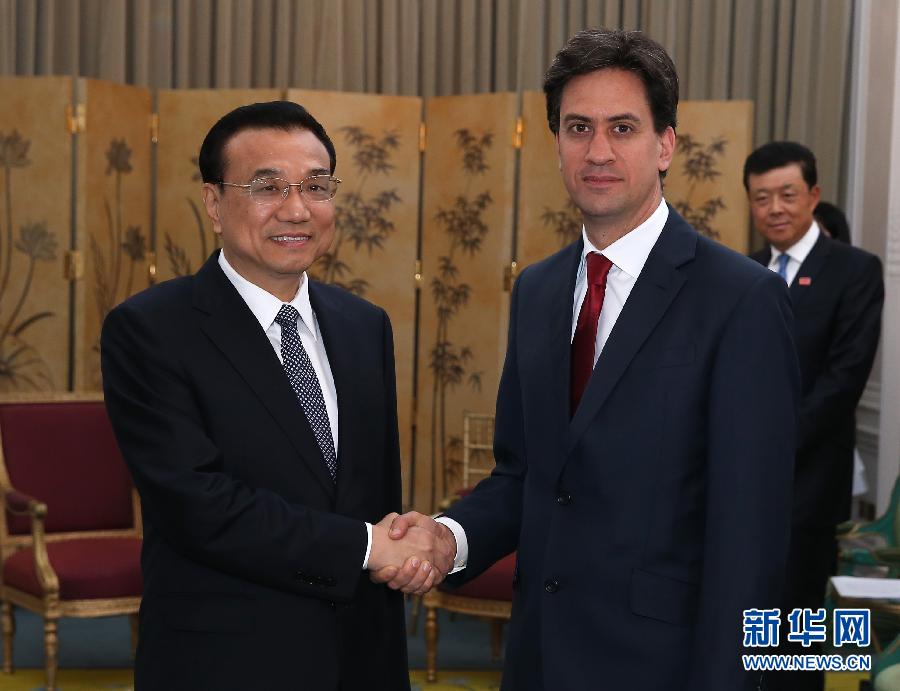 6月18日，國務院總理李克強在倫敦會見英國工黨領(lǐng)袖埃德·米利班德。新華社記者 龐興雷 攝 