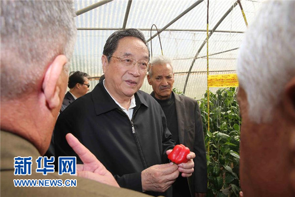 11月8日，正在約旦進(jìn)行正式友好訪問的全國(guó)政協(xié)主席俞正聲在約旦河谷參觀碩果農(nóng)業(yè)合作社。 新華社記者 劉衛(wèi)兵 攝 