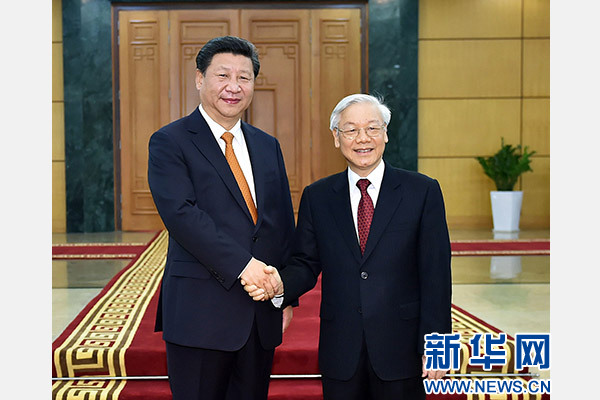 11月5日，中共中央總書記、國家主席習(xí)近平在河內(nèi)同越共中央總書記阮富仲舉行會(huì)談。 新華社記者李濤攝