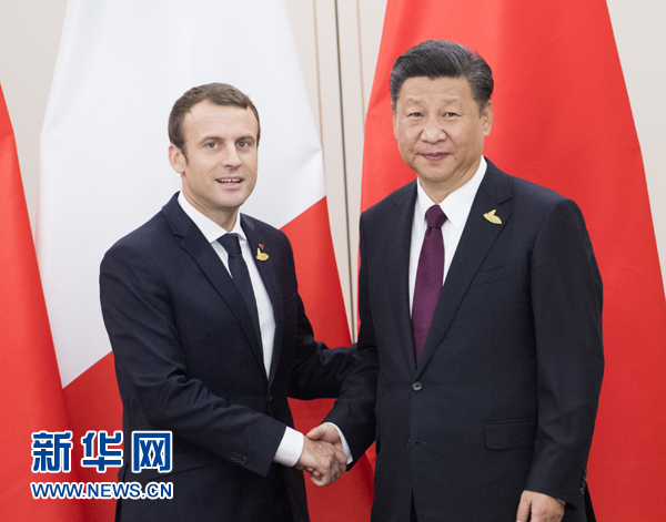 7月8日，國(guó)家主席習(xí)近平在漢堡會(huì)見(jiàn)法國(guó)總統(tǒng)馬克龍。新華社記者 李學(xué)仁 攝